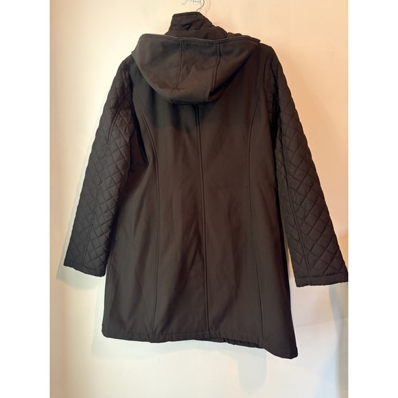Michael Kors Long Black Hooded Coat Quilted Sleeves Medium Soft Shell Stretch - Picture 8 of 8